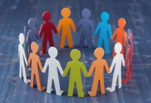 Diversidad en el trabajo. Figuras de papel de varios colores que forman un c&iacute;rculo de equipo, simbolizando igualdad e inclusi&oacute;n
