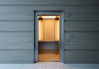 Modern elevator with open doors and warm inviting interior lighting