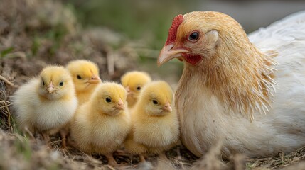 Mother hen and chicks cute baby chickens poultry farm animal family springtime adorable birds 100char