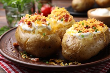 Tasty baked potatoes with sour cream, green onion, cheese and bacon on table, closeup