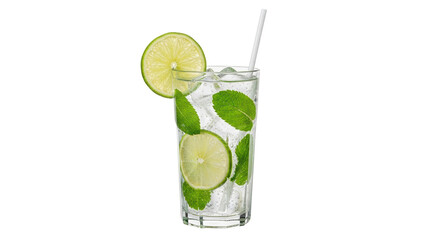 Isolated mojito cocktail drink in glass with lime, mint and straw. Alcohol refreshment