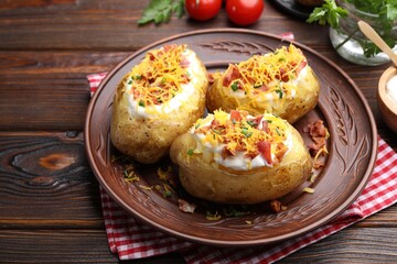 Tasty baked potatoes with sour cream, green onion, cheese and bacon on wooden table, closeup