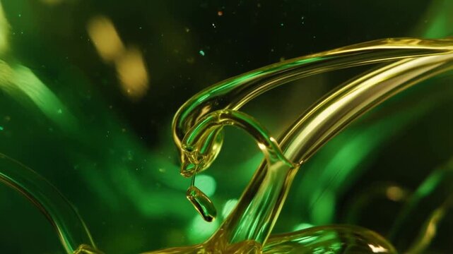 Macro abstract halloween potion drops in green and gold palette, witchcraft vibe with smooth motion loop. Concept of magical festive detail