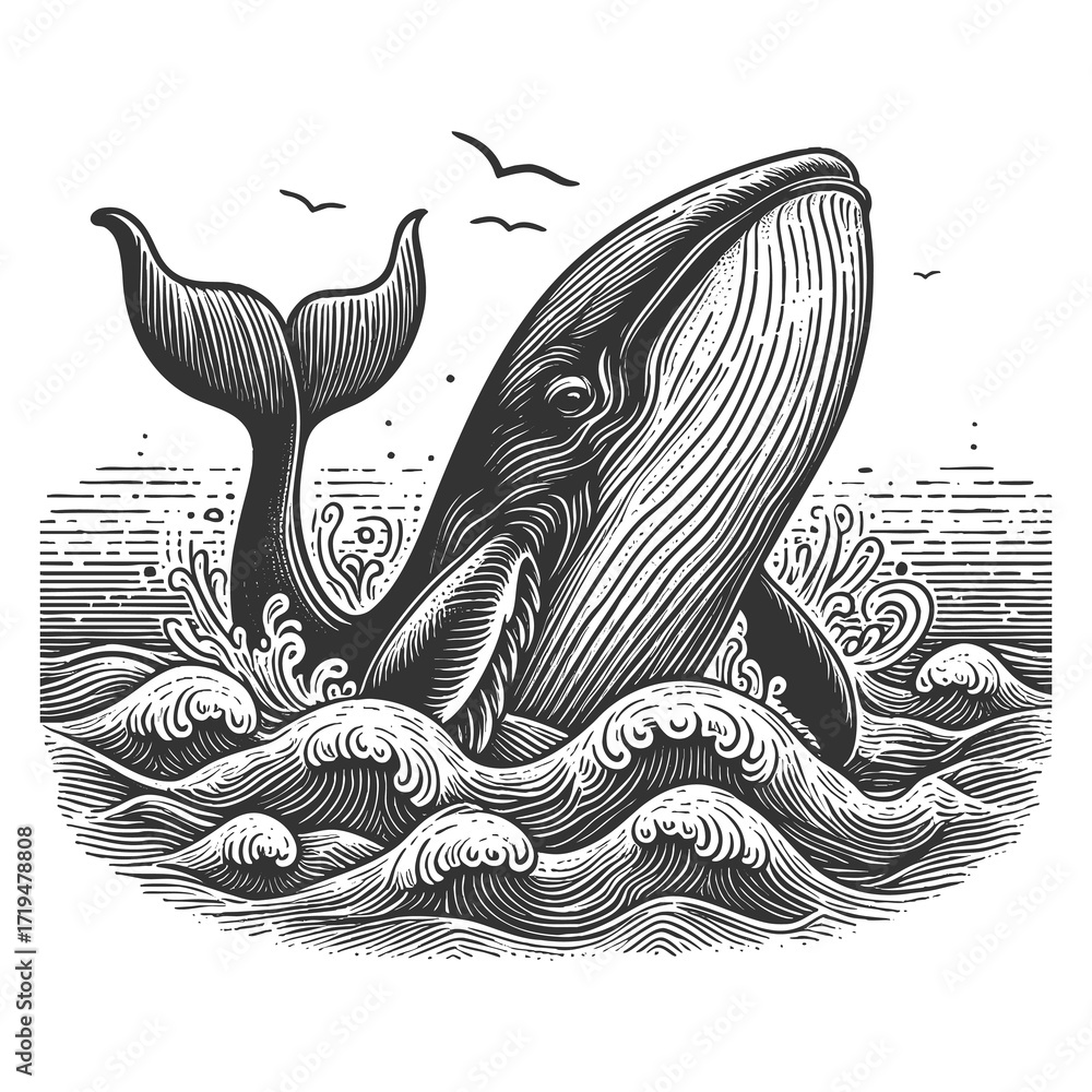 Poster whale breaching the sea, surrounded by splashing waves and flying seabirds in retro style sketch eng