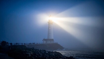 Fototapeta premium Lighthouse Beam Piercing Foggy Night