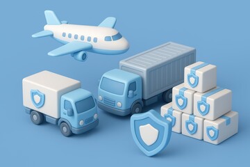 Global Logistics & Transport: Illustration showcases a safe and reliable mode of transporting goods by plane, truck, and package against blue background.