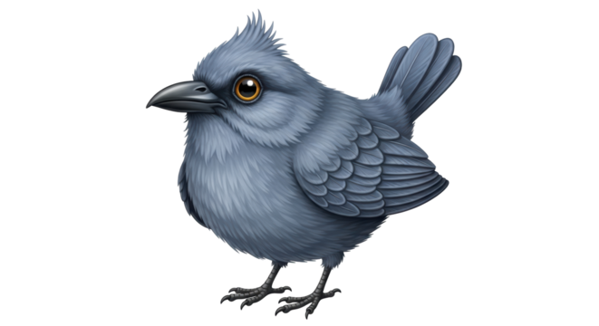 Isolated bird illustration, cute gray songbird with fluffy feathers and little beak, digital art