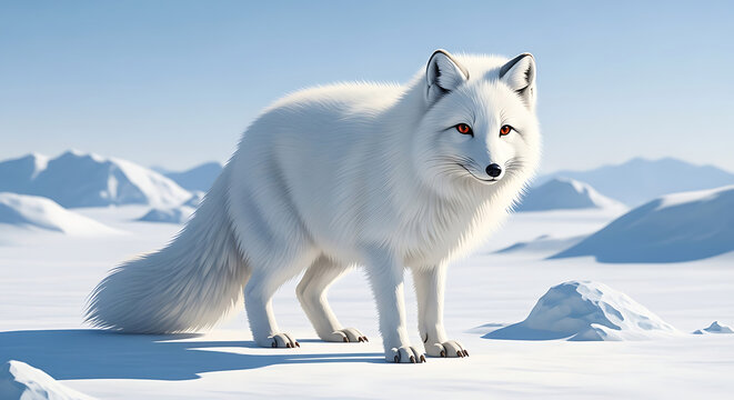 Majestic white fox stands alert in a pristine snowy arctic landscape under a bright sky. - Powered by Adobe