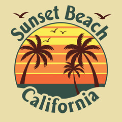 Obraz premium Sunset Beach California badge with palm trees, birds, ocean, and warm sunset in tropical travel and vacation illustration style