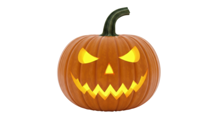 Isolated spooky jack o'lantern, Halloween pumpkin with evil grinning face and creepy glowing eyes