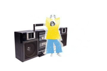 Creative picture collage mature woman audio boombox portable player disco party entertainment weekend leisure drawing background