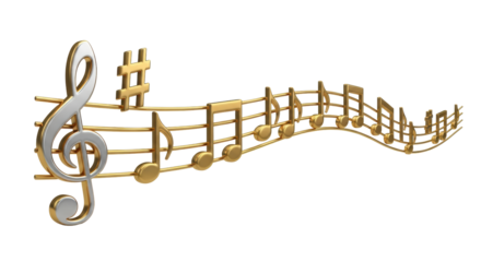 Isolated Golden Music Staff Notes - Treble clef, sharp sign, melody with golden accents