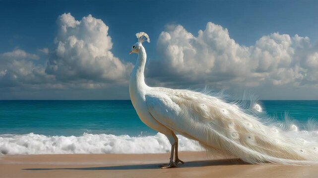 Elegant white peacock by ocean waves 