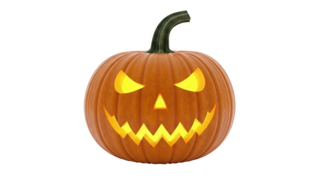 Isolated spooky jack o'lantern, Halloween pumpkin with evil grinning face and creepy glowing eyes