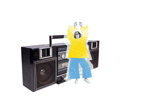 Creative picture collage mature woman audio boombox portable player disco party entertainment weekend leisure drawing background