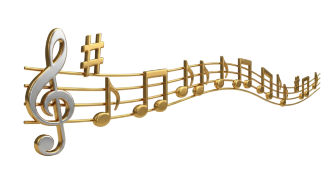 Isolated Golden Music Staff Notes - Treble clef, sharp sign, melody with golden accents