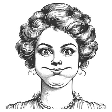 woman with puffed cheeks and wide eyes, showing humorous expression and retro charm sketch engraving generative ai fictional character raster illustration. Scratch board imitation. Black and white.