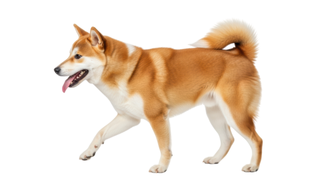 Isolated Shiba Inu dog walking, panting with its tongue out, on neutral studio background