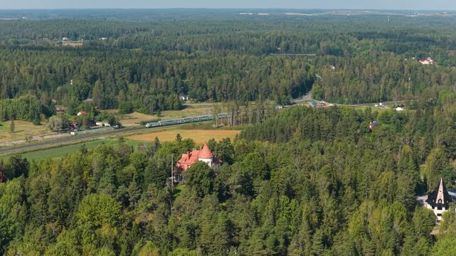 Aerial view orbiting the Majvik's historic Art Nouveau Villa, in sunny Finland