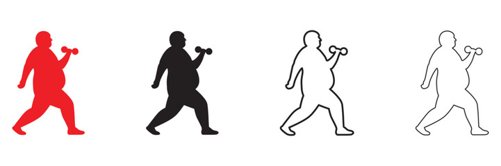 overweight man exercising with dumbbell, gym fitness vector illustration, silhouette and line art