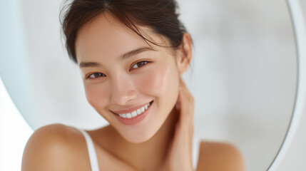 Naklejka premium 頬に手を当てて笑う美しい歯の女性【美容歯科】