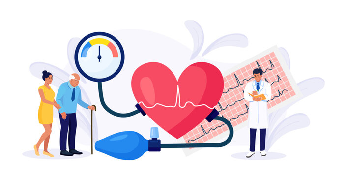 Hypotension, hypertension disease. Tiny cardiologist measuring high blood pressure with tonometer. Doctor consulting elderly patient about cardiological disease Medical examination, cardiology checkup
