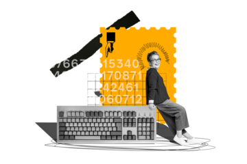 Composite trend artwork sketch image photo collage of workspace aged woman office manager stand obsolete huge keypad coder number program