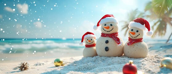 Family Christmas Scene with Sand Snowmen on Beach
