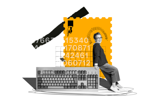 Composite trend artwork sketch image photo collage of workspace aged woman office manager stand obsolete huge keypad coder number program
