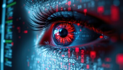a digital eye embedded in a computer screen watching a person in fear representing the psychological threat of online stalking