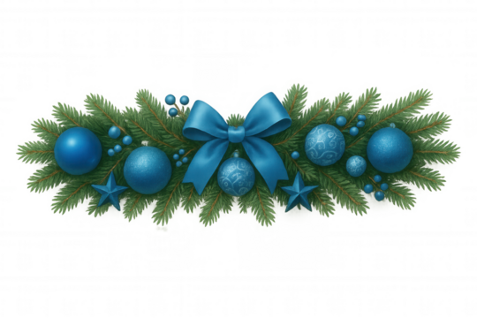 Blue christmas garland decorating with ornaments, stars, and bow, celebrating winter holidays and festive season