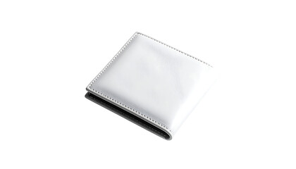 A minimalist, blank, white leather bi-fold wallet, subtly reflecting light, sits on a black background