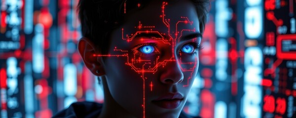 a glowing digital eye watching a person from afar representing the fear of being constantly monitored and stalked online