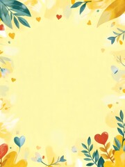 Obraz premium 黄色い背景のフレームにハートと水彩画の花