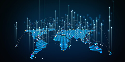 Global digital network map with glowing connections representing worldwide communication, internet technology, data transfer, business growth, and international connectivity in modern tech.