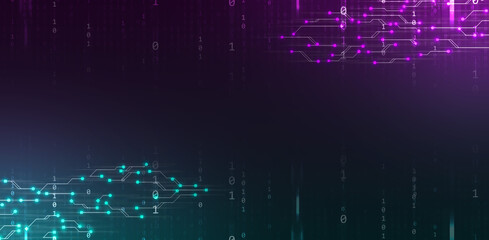 Abstract digital background with binary code, glowing circuits, and futuristic technology design for AI, big data, cyber security, blockchain, and advanced network communication concepts.
