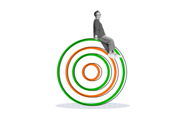 Composite photo collage of happy aged woman sit target development concept darts aim achievement progress isolated on painted background