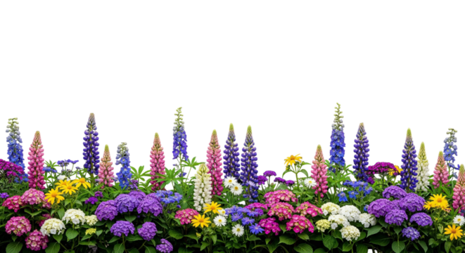Colorful Garden of Blooming Flowers Including Lupines, Daisies, and Hydrangeas on White Background