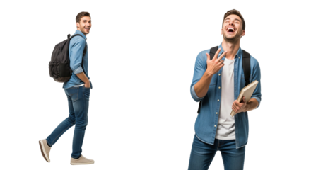 Young Adult in Denim Outfit Expressing Joy and Confidence with Backpack and Tablet on White Background