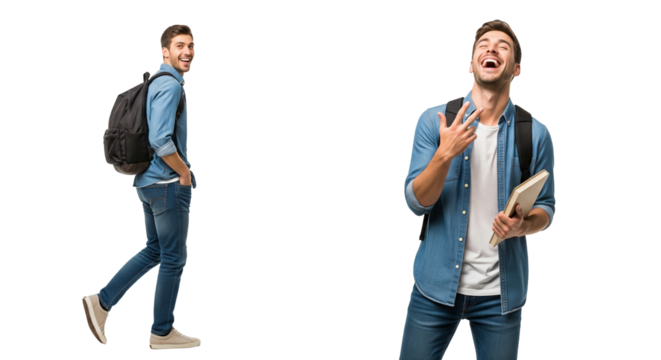 Young Adult in Denim Outfit Expressing Joy and Confidence with Backpack and Tablet on White Background
