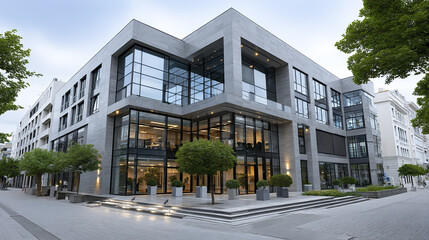 Fototapeta premium Modern office building with large glass windows and trees outside, showcasing clean and professional urban environment with natural greenery and contemporary architecture