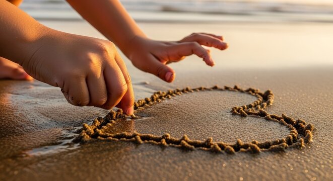 Hands draw a heart shape in wet sand on a beach illuminated by warm sunlight with waves in the background - Powered by Adobe