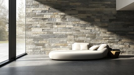 A modern living space, featuring a sleek, curved sectional sofa, positioned against a dynamic stone wall, bathed in natural light, showcasing a contemporary design aesthetic.