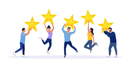 Five stars rating. Happy jumping people are holding review stars over their heads. Customer review rating, client feedback, satisfaction level