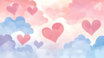 水彩ハートと雲の背景 パステルカラーのロマンチックなデザイン