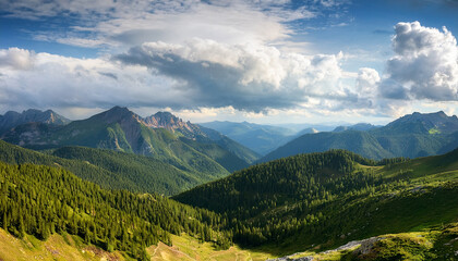 Fototapeta premium Majestic Mountain Vista A Serene Landscape Of Forested Peaks And Cloudy Skies