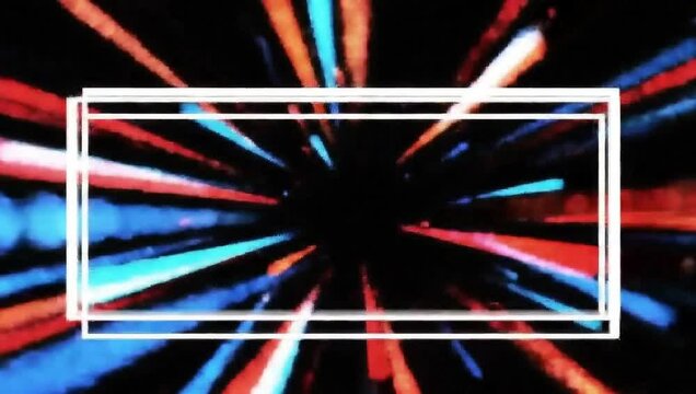 A dynamic burst of colorful light streaks explodes outward from a central point, framed by a clean, geometric border, creating a sense of energy and movement.
