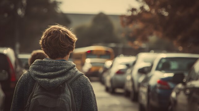 Back view of student walking to school bus on street with cars parked in autumn season morning light