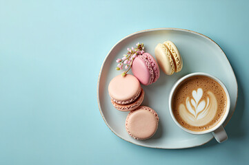 Multicolored French macarons on a plate, next to a cup of cappuccino with a pattern on a light blue background. Top view.