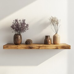 A rustic wooden shelf holds decorative vases and dried flowers against a bright white wall, showcasing a serene and natural aesthetic.